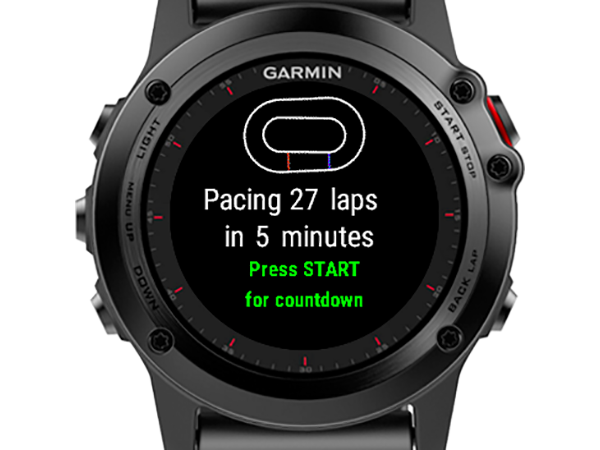 A watch showing an icon of a derby track and the text 'Pacng 27 laps in 5 minutes. Press Start for countdown.'